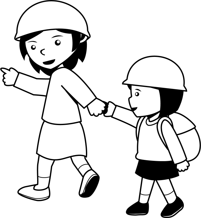 防災教育No23小さな子ども手をつないで避難する女の子イラスト
