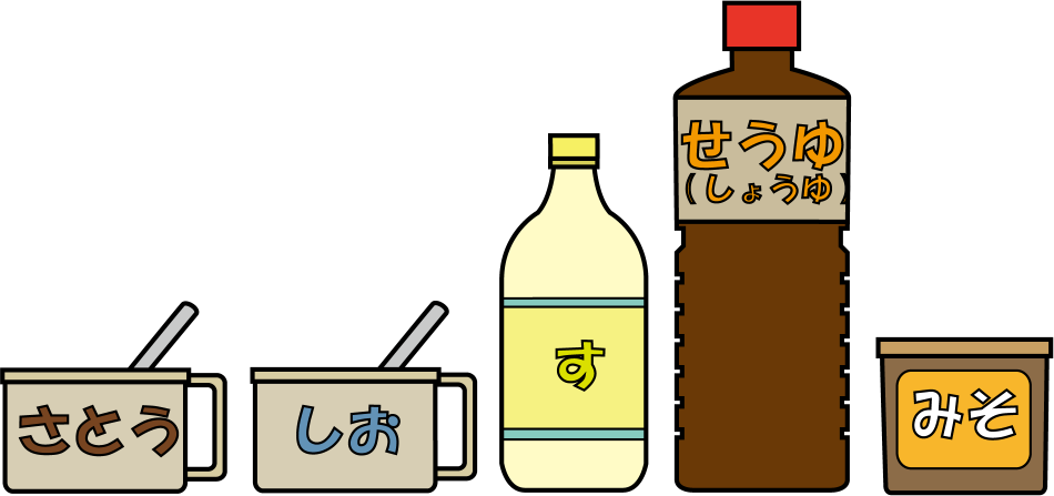 家庭科No10さとう、塩、酢、醤油、味噌イラスト