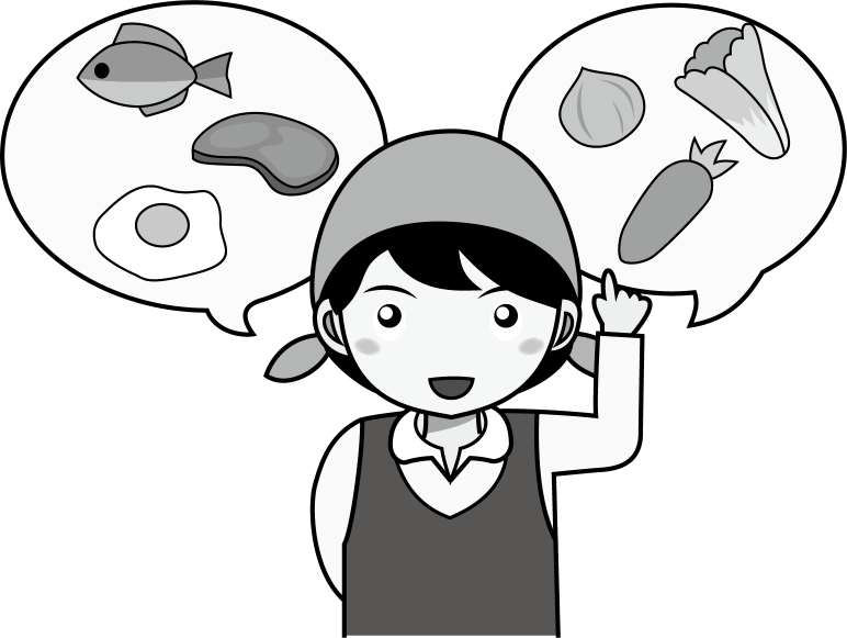 家庭科No03肉や魚など食材を思い浮かべる女の子イラスト