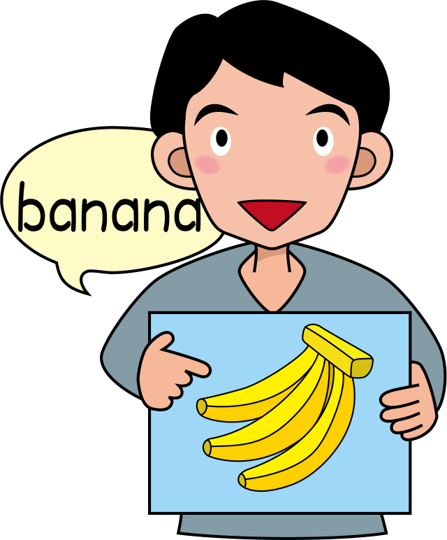 イラストポップ 学校のイラスト 英語no04バナナの描かれたカードを持って発音する先生の無料素材