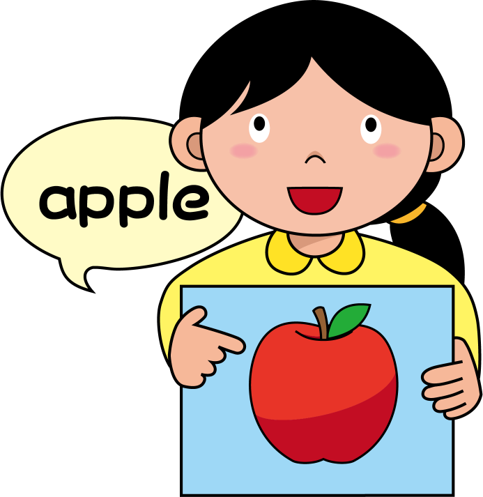 英語No05リンゴが描かれたカードを持って発音する先生イラスト