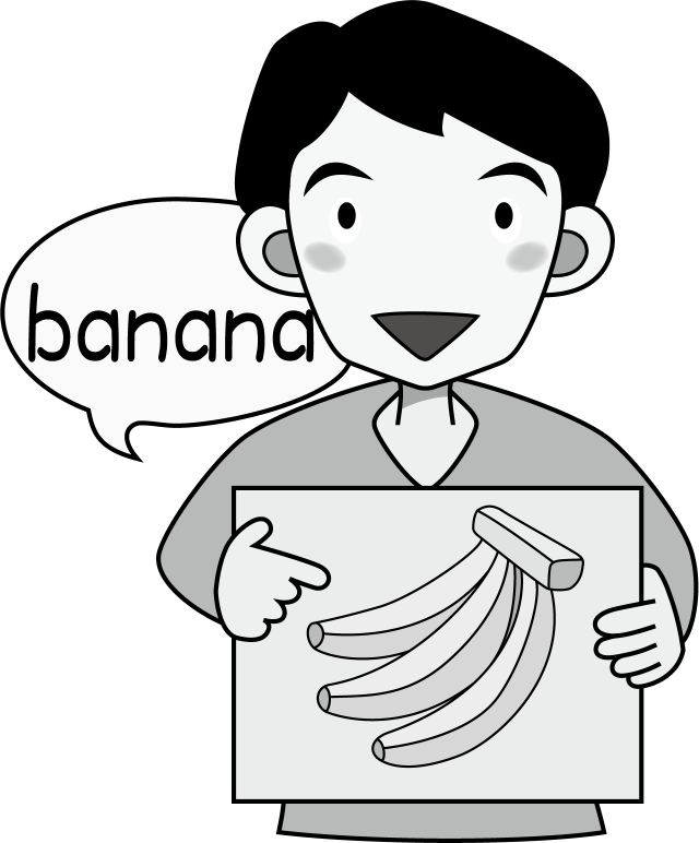 英語No04バナナの描かれたカードを持って発音する先生イラスト