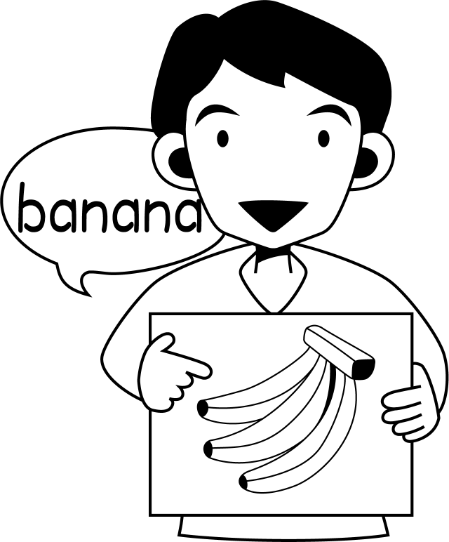 英語No04バナナの描かれたカードを持って発音する先生イラスト