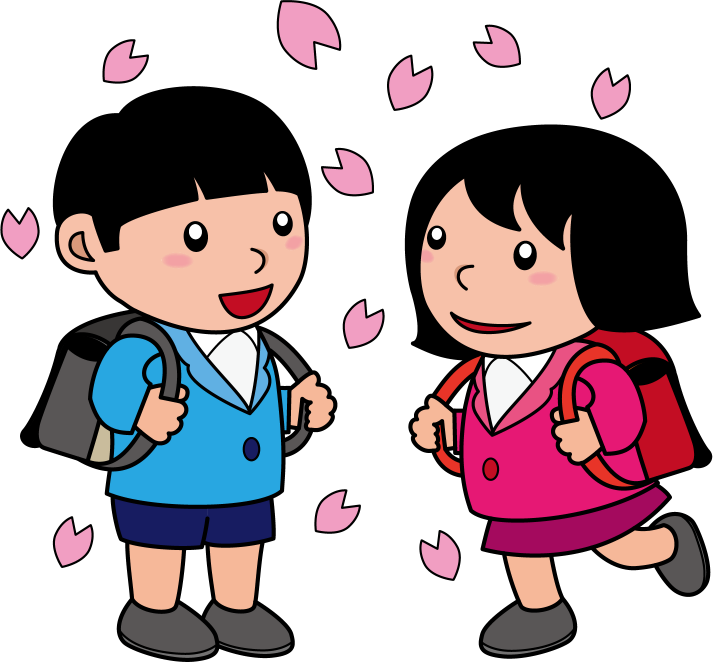 入学式No06桜の花びらとランドセルを背負った一年生の男の子、女の子イラスト