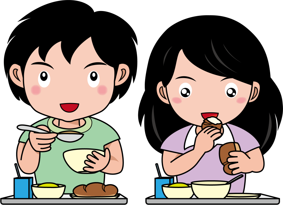 イラストポップ 学校のイラスト 給食no08並んで給食を食べている男の子と女の子の無料素材