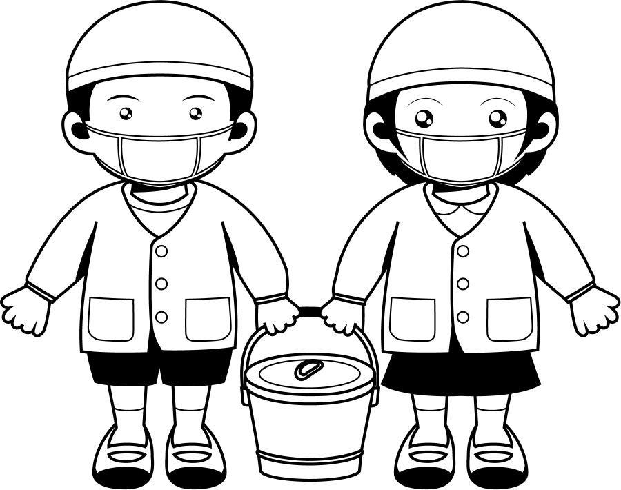 給食No01二人で食缶を持っている男の子と女の子の給食当番イラスト
