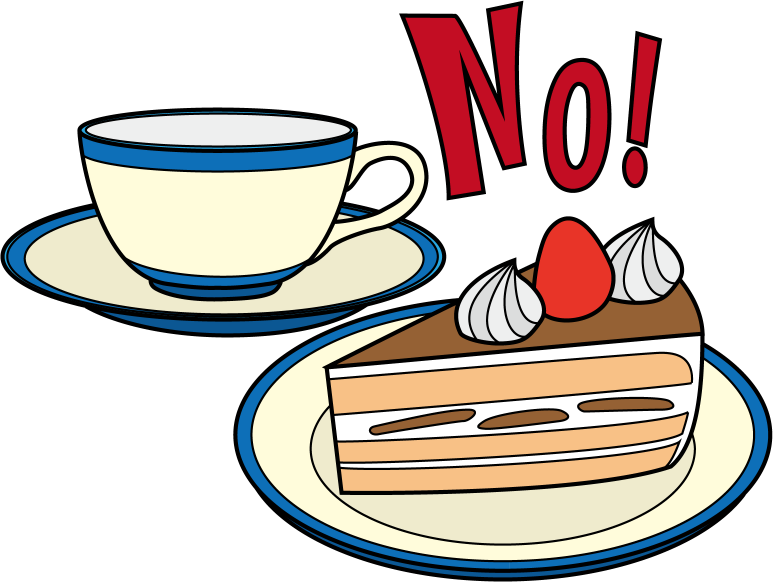 家庭訪問No24湯茶辞退を表したコーヒーカップとケーキとNoの文字イラスト