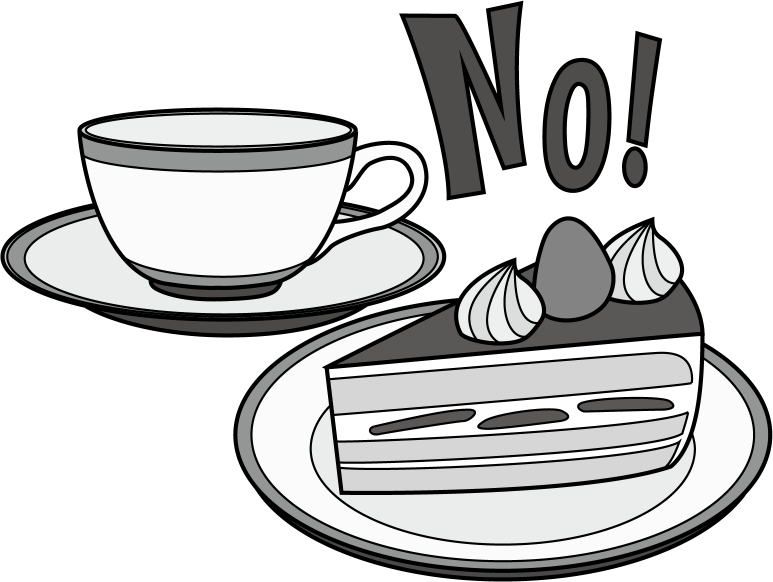 家庭訪問No24湯茶辞退を表したコーヒーカップとケーキとNoの文字イラスト