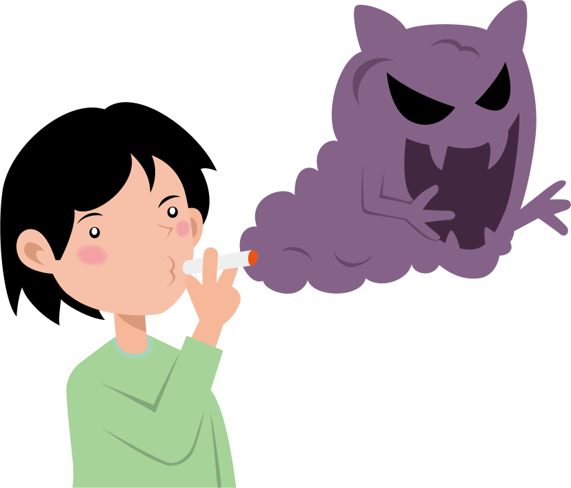 男性の吸うタバコから上る怪物の形の紫煙