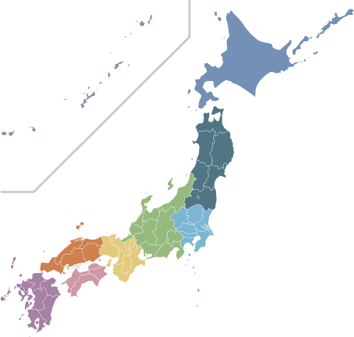 地方ごとに色分けた都道府県境入りの日本地図